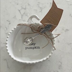 Mud Pie White Pumpkin Dish with Silver Spoon NWT